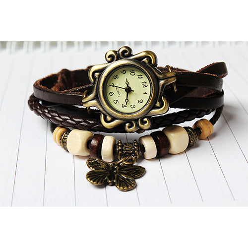 Vintage Women\'s Watch Bohemian Handmade Leather Watch Quartz Wrist Watch Fashion - Brown