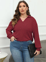 Plus Size Ribbed Collared Neck Long Sleeve Blouse