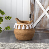 11” Boho Chic Handmade Natural Cotton Woven Planter with Tassels by Nearly Natural - Vysn