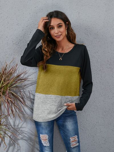 Color Block Round Neck Long Sleeve T-Shirt