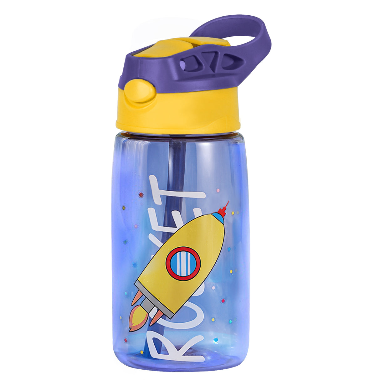 16.2Oz Leak-proof Kids Water Bottle with Straw Push Button Sport Water Bottle for Kids Crab Ship Jellyfish Rocket - Rocket