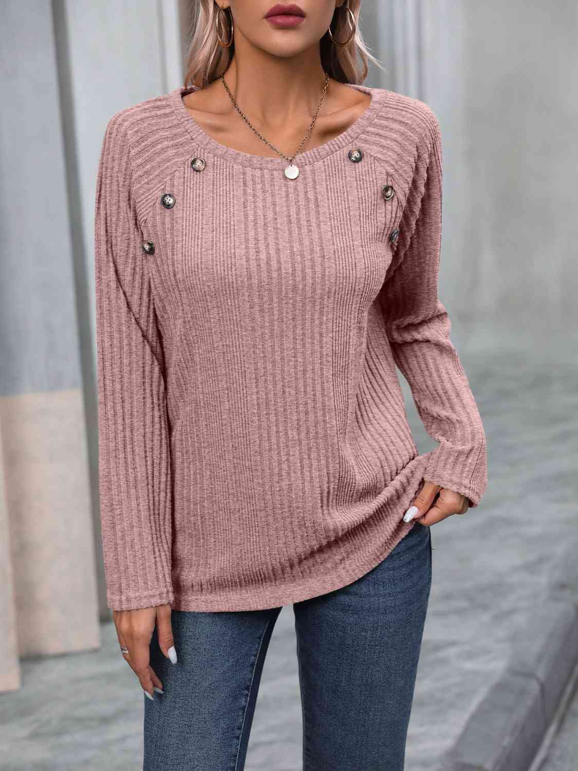 Ribbed Buttoned Round Neck Long Sleeve T-Shirt