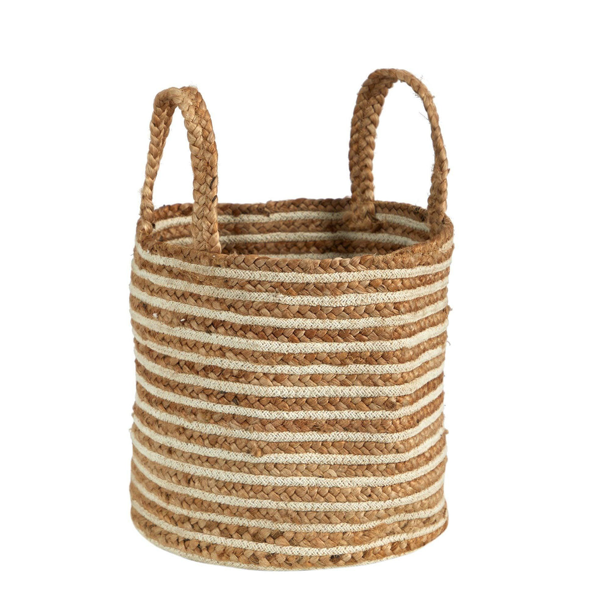 14” Boho Chic Basket Natural Cotton and Jute, Handwoven Stripe with Handles by Nearly Natural - Vysn