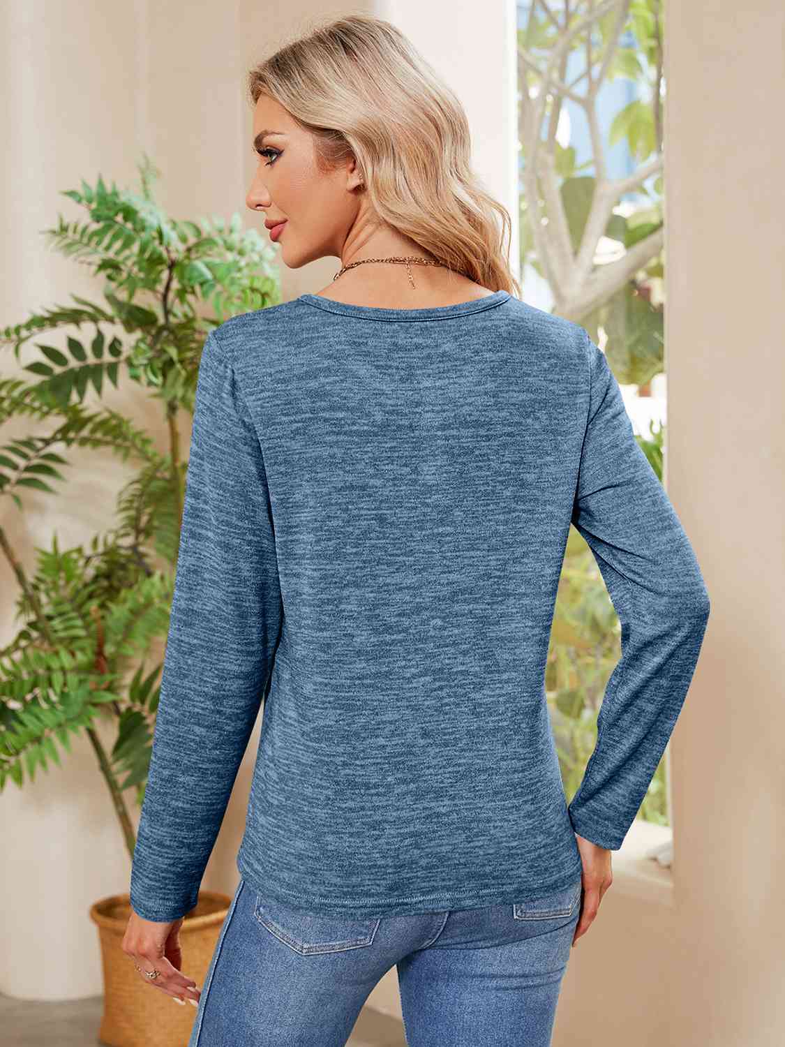 Buttoned Round Neck  Long Sleeve T-Shirt