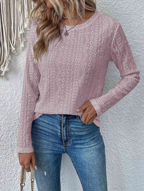 Eyelet Round Neck Long Sleeve Top