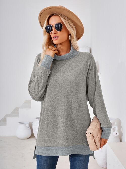 Contrast Mock Neck Long Sleeve T-Shirt