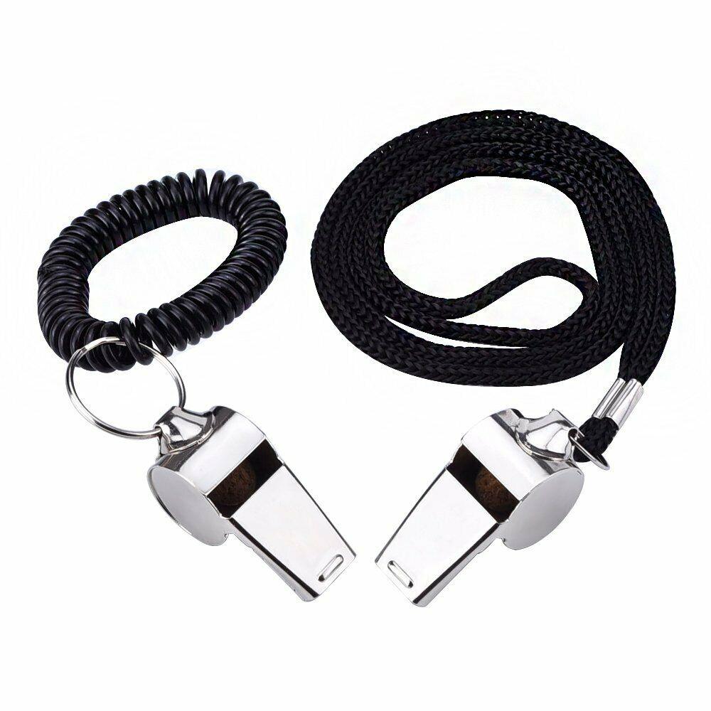 2 Football Soccer Sports Metal Referee Whistle Black Lanyard Emergency Survival by Plugsus Home Furniture - Vysn