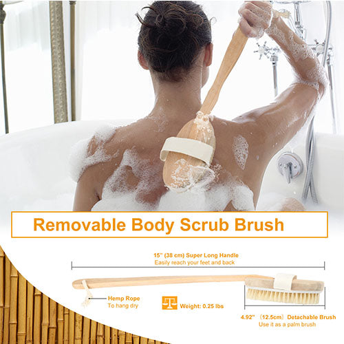 Bath Brush 15" Shower Body Back Scrubber with Long Handle Detachable Brush for Cellulite Exfoliating Detox