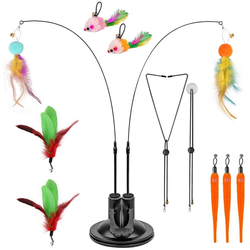 2 Cat Wand Toys with Suction Cup Double Head Interactive Cat Feather Toy 9Pcs Teaser Replacements with Bell Cats Self Playing Hanging Indoor Cat Toy