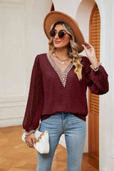 Swiss Dot Contrast V-Neck Blouse