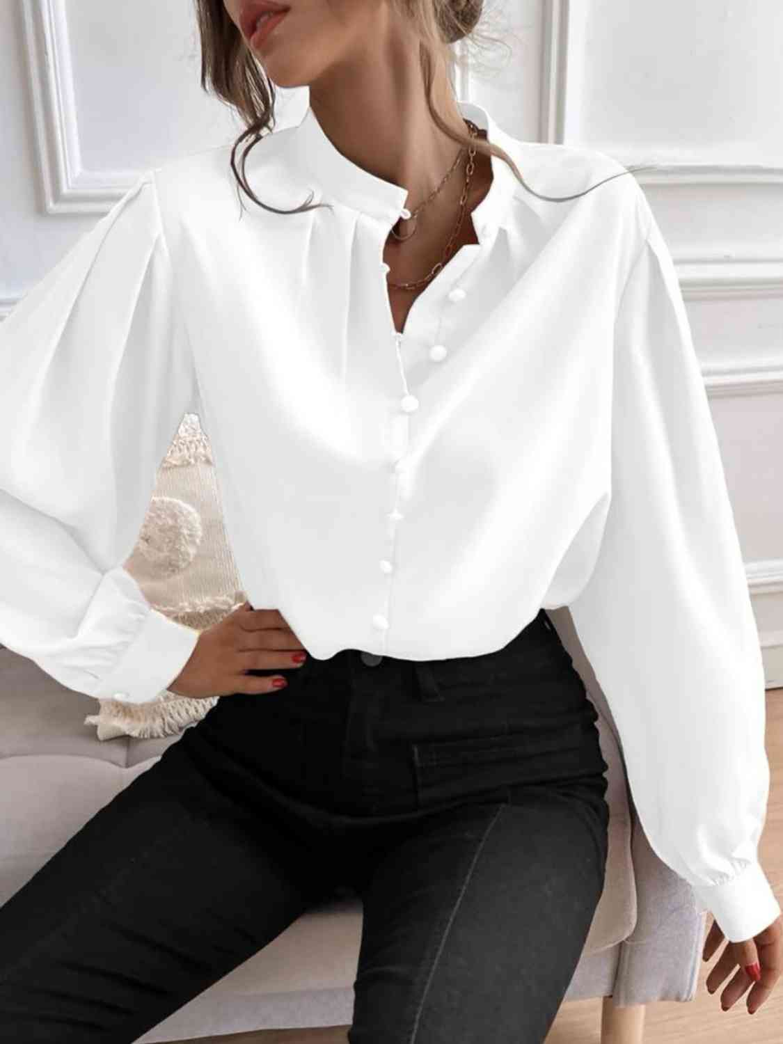 Mock Neck Button Front Shirt