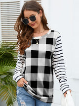 Plaid Striped Round Neck Long Sleeve T-Shirt