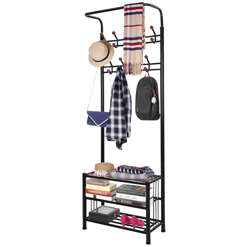 Metal Entryway Coat Shoe Rack Hall Tree w/ 3-Tier Shoe Bench Shoe Storage 18 Hooks Coat Hat Rack - Black