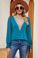 Lace Detail V-Neck Lantern Sleeve T-Shirt