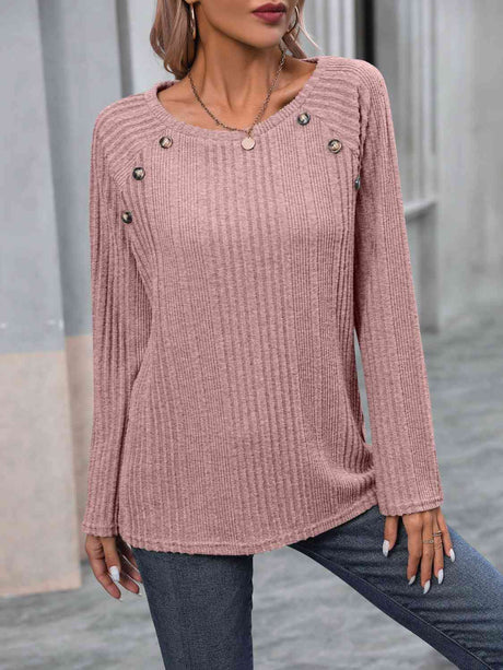 Ribbed Buttoned Round Neck Long Sleeve T-Shirt