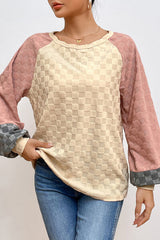 Checkered Contrast Round Neck Long Sleeve T-Shirt