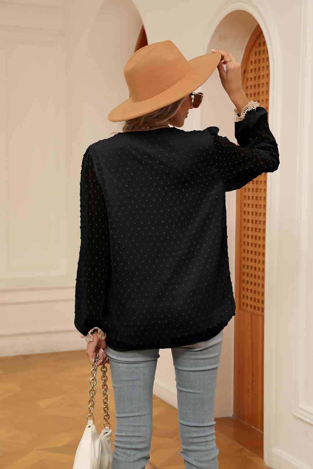 Swiss Dot Contrast V-Neck Blouse