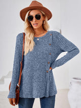 Ribbed Buttoned Round Neck Slit T-Shirt