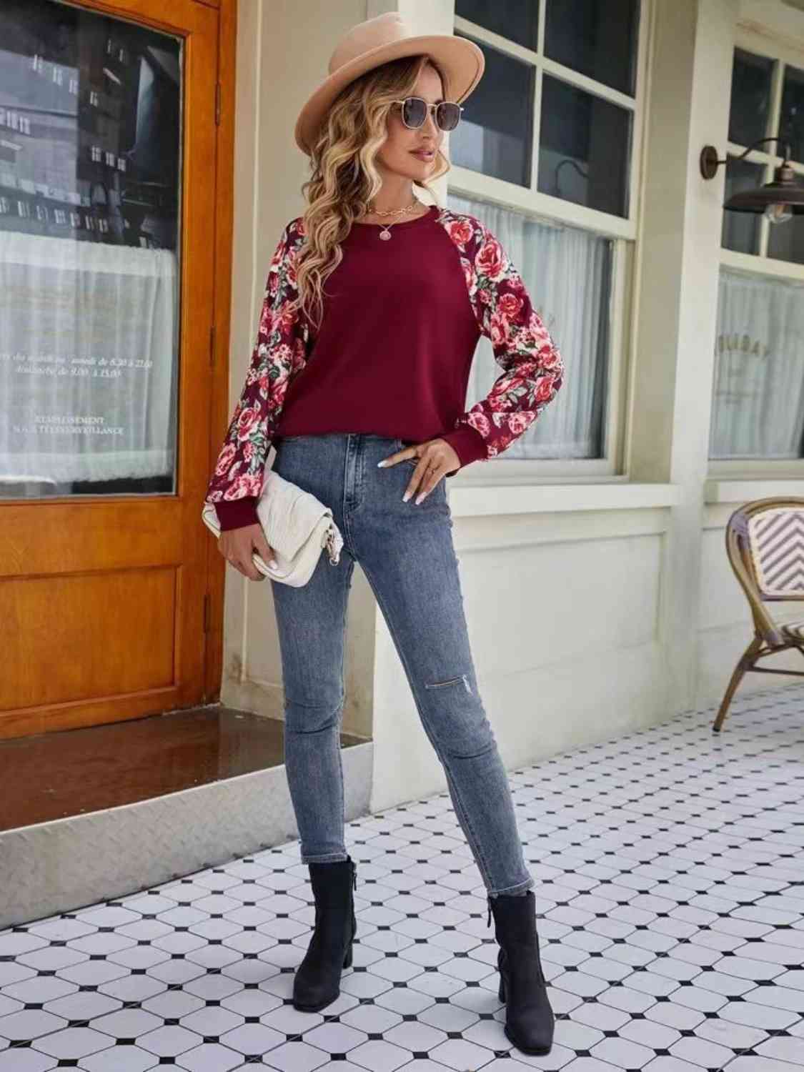 Floral Raglan Sleeve Round Neck Sweatshirt