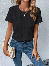 Eyelet Round Neck Short Sleeve T-Shirt