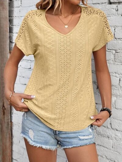 Eyelet V-Neck Short Sleeve T-Shirt