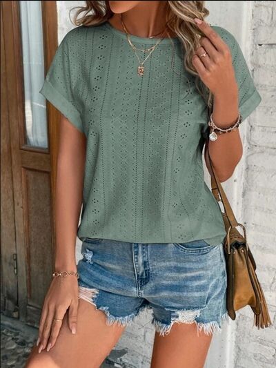 Eyelet Round Neck Short Sleeve T-Shirt