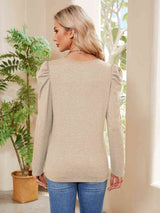 Buttoned Round Neck Puff Sleeve T-Shirt