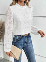 Eyelet Round Neck Long Sleeve Blouse