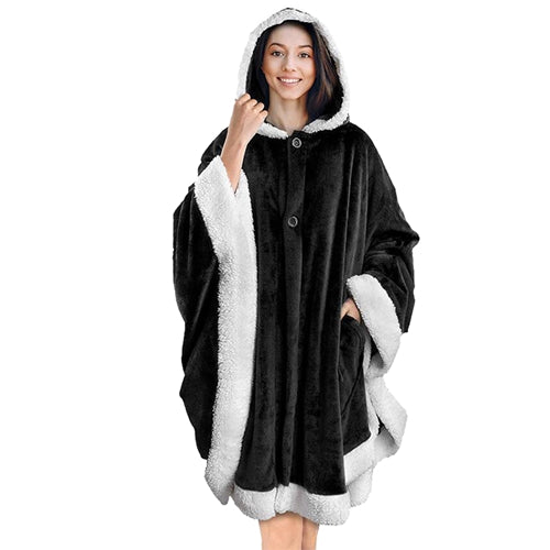 Hoodie Blanket Wrap Wearable Hoodie Snuggle Robe Sweatshirt Soft Lined Cuddle Poncho Cape w/ Hat 2 Pockets Buttons - Black