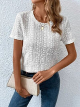 Eyelet Round Neck Short Sleeve T-Shirt