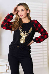 Heimish Full Size Sequin Reindeer Graphic Plaid Top