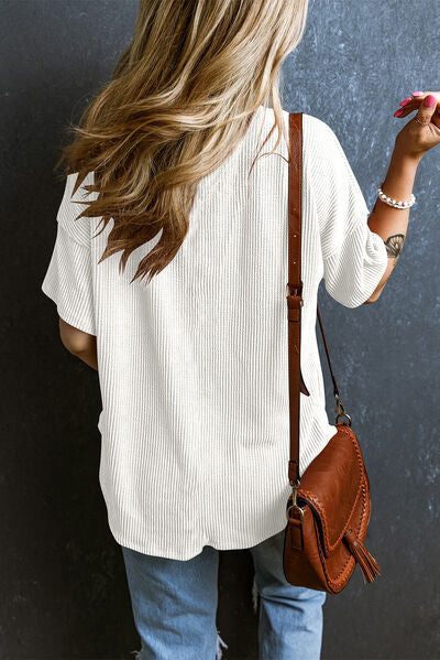 Textured V-Neck Dropped Shoulder T-Shirt