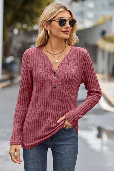 Ribbed Half Button Long Sleeve Knit Top