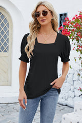 Eyelet Square Neck Short Sleeve T-Shirt