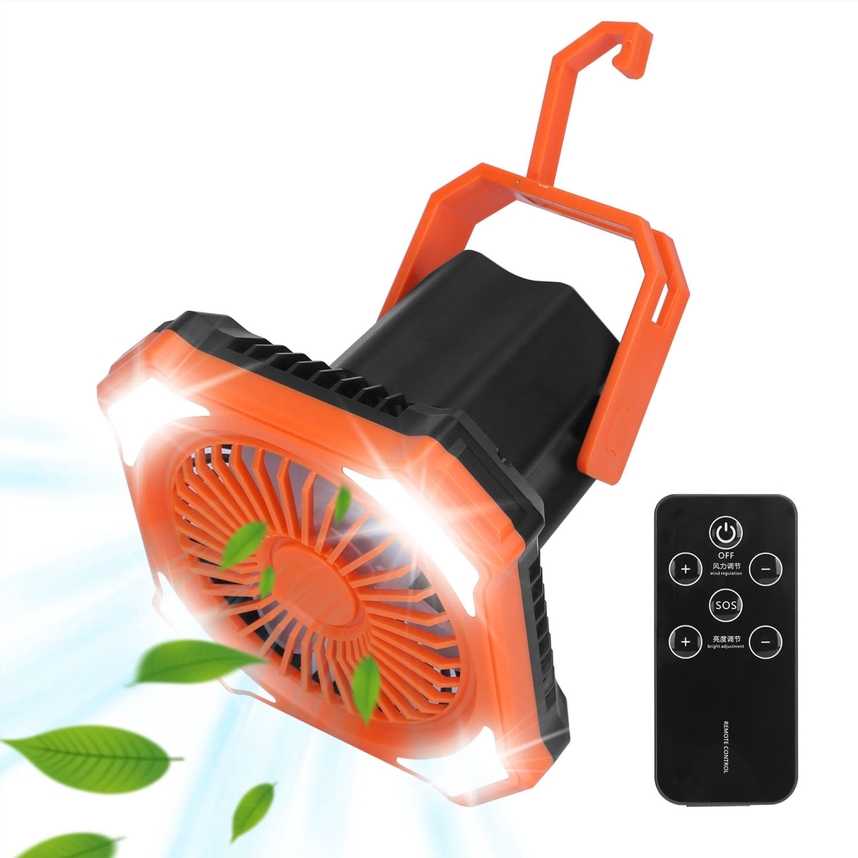 Portable Camping Lantern Fan 10000mAh Battery Powered Hanging Fan USB Rechargeable Tent Fan with 4 Light Modes 3 Wind Modes Emergency Power Bank Remot - Orange