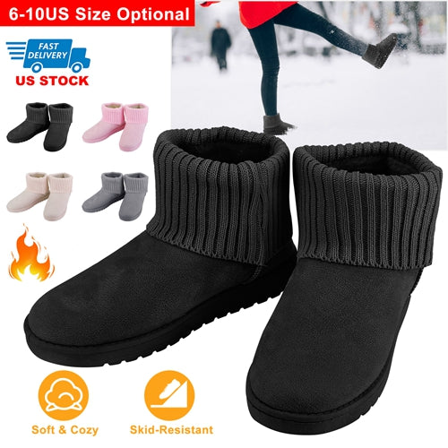 Women Lady Snow Boots Suede Mid-Calf Boot Shoe Short Plush Warm Lining Shoes w/ Anti-slip Rubber Base Knitting Design - Gray - 7