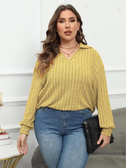 Plus Size Ribbed Collared Neck Long Sleeve Blouse