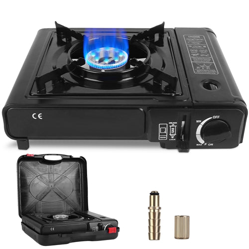 3300W Portable Camping Stove Butane Canister Dual Fuel Burner Piezo Electric Ignition Single Burner with Automatic Tank Ejection Overpressure Cut Off - Black