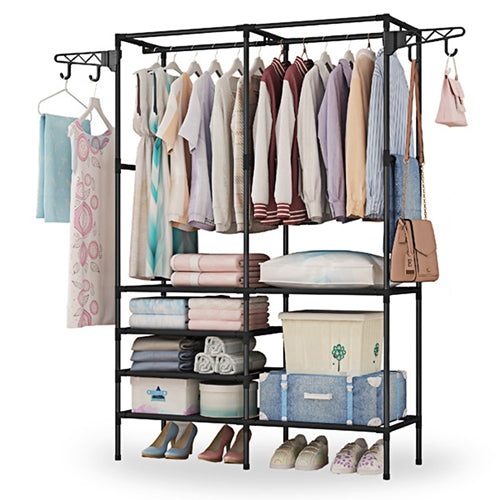 Metal Garment Rack Shoe Clothing Organizer Shelves Freestanding Multifunctional Clothes Wardrobe - Black