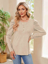 Buttoned Round Neck Puff Sleeve T-Shirt