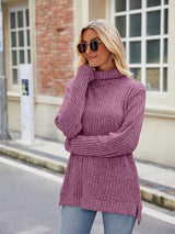 Ribbed Turtleneck Long Sleeve Slit Knit Top