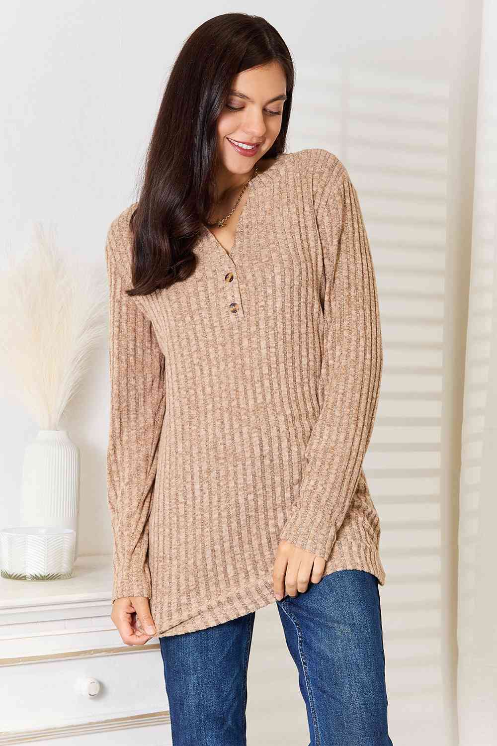 Double Take Notched Neck Ribbed Long Sleeve T-Shirt