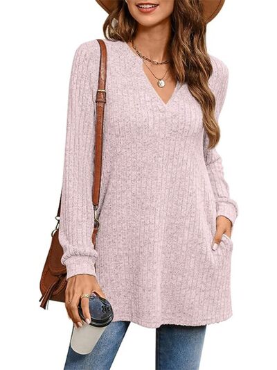 Slit Notched Pocketed Long Sleeve T-Shirt