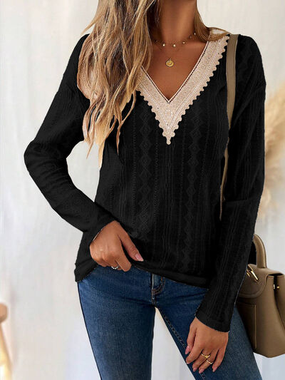 Eyelet V-Neck Dropped Shoulder T-Shirt