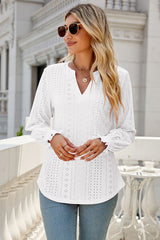 Eyelet Notched Lantern Sleeve T-Shirt