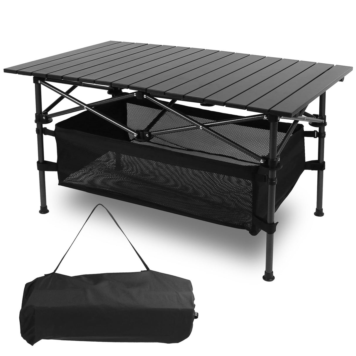 Folding Camping Table Portable Lightweight Aluminum Roll-up Picnic BBQ Desk with Carrying Bag Heavy Duty Outdoor Beach Backyard Party Patio - Black