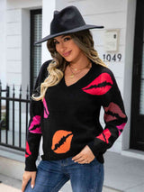 Lip V-Neck Drop Shoulder Sweater