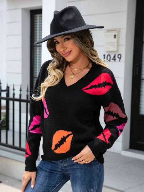 Lip V-Neck Drop Shoulder Sweater