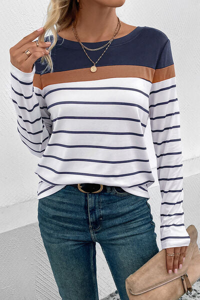 Striped Round Neck Long Sleeve T-Shirt