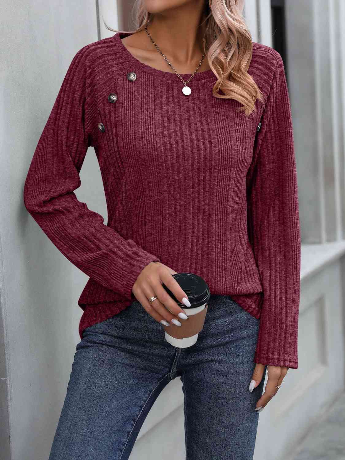 Ribbed Buttoned Round Neck Long Sleeve T-Shirt